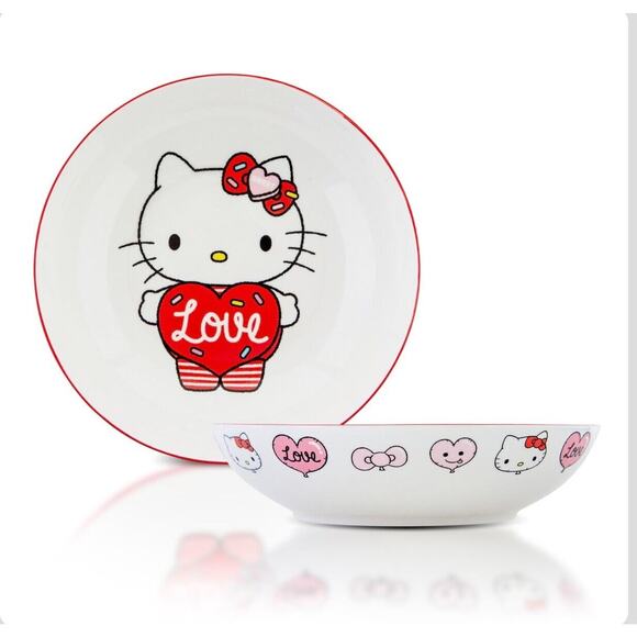 Sanrio Hello Kitty "Love" 9 Inch Ceramic Coupe White Dinner Bowl Valentines Day - Picture 1 of 16